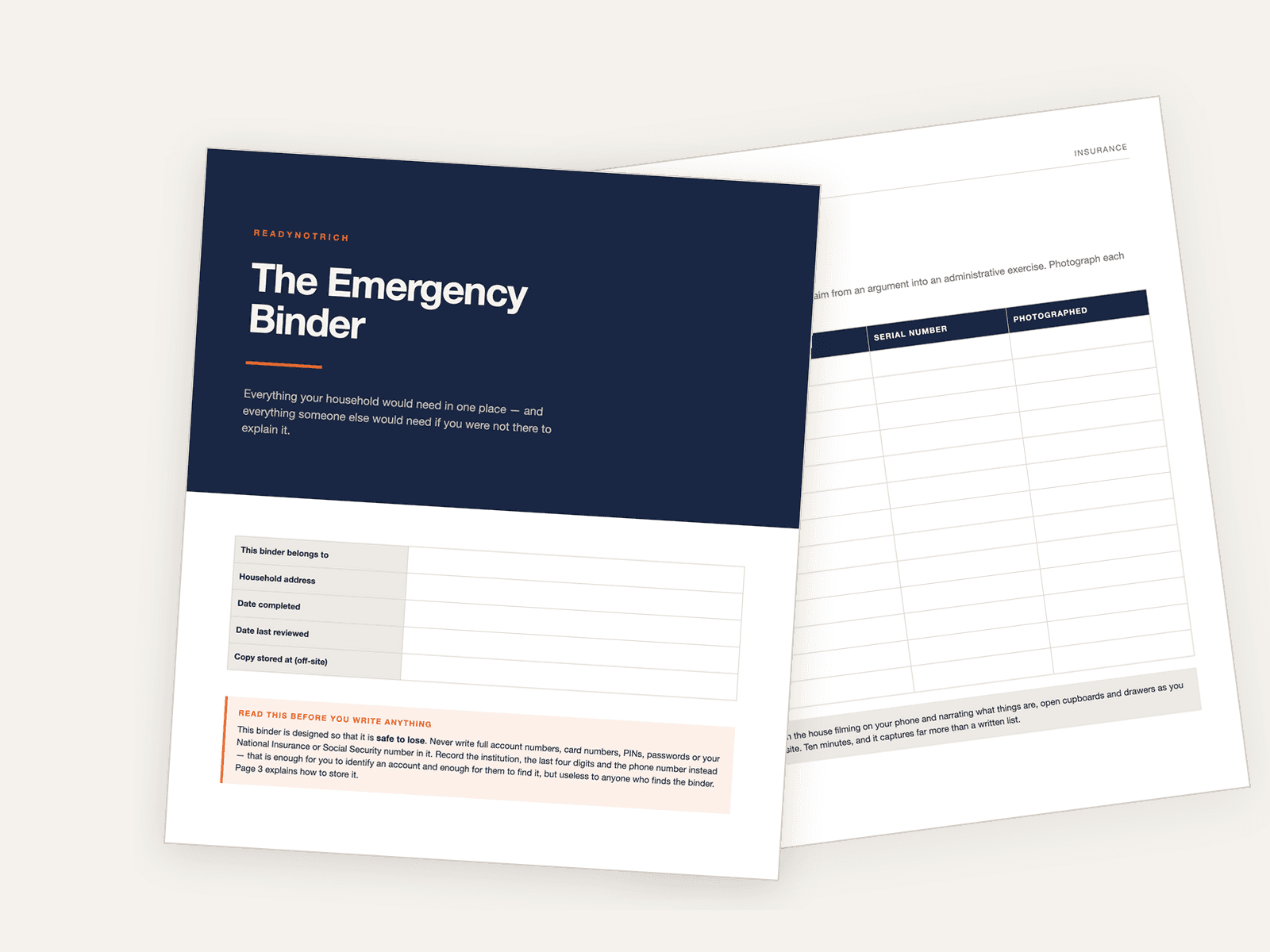 The Emergency Binder: the printed cover page shown in front of a filled-in home inventory page